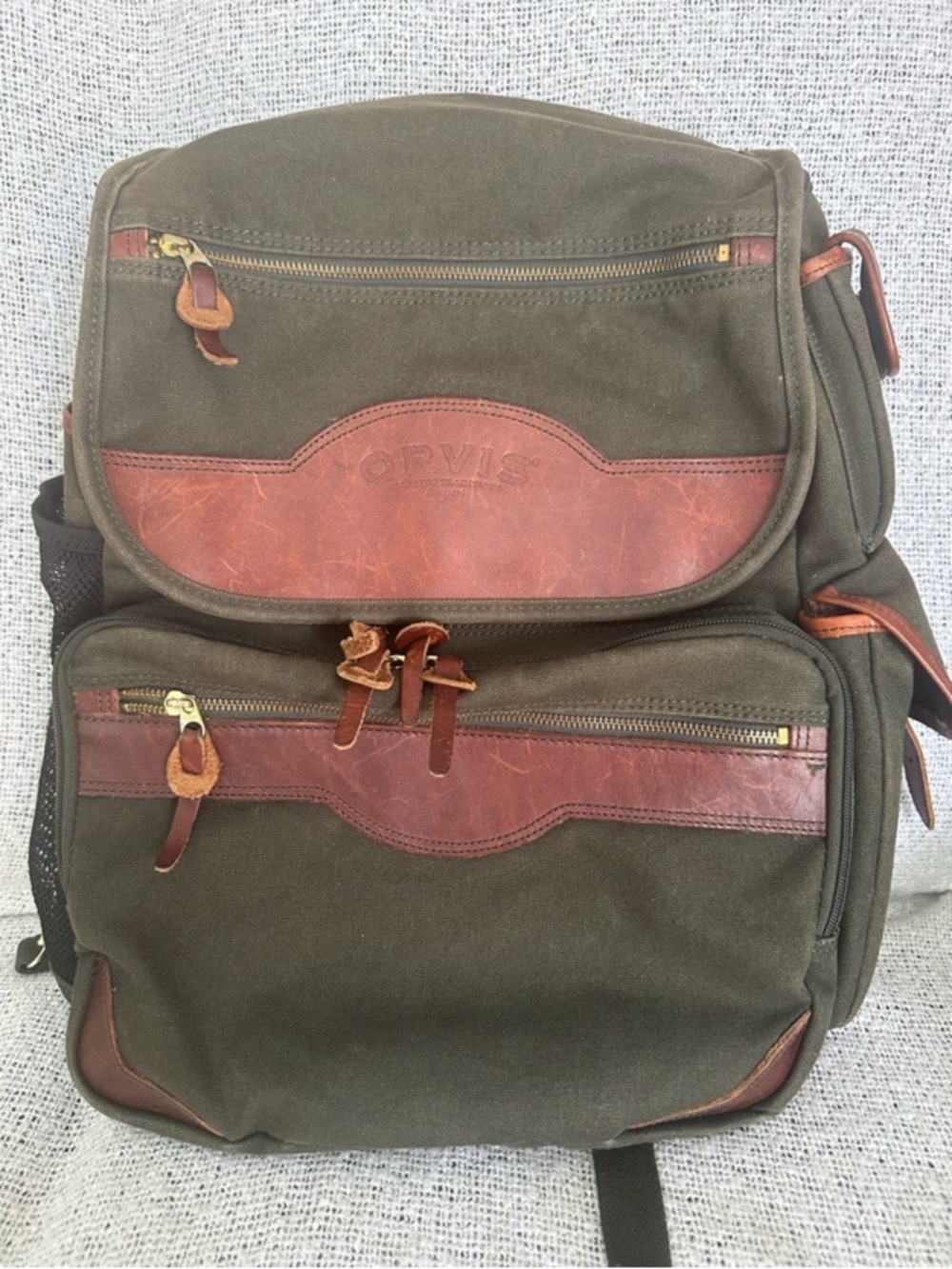 Orvis Olive Canvas Backpack with Brown Leather Accents